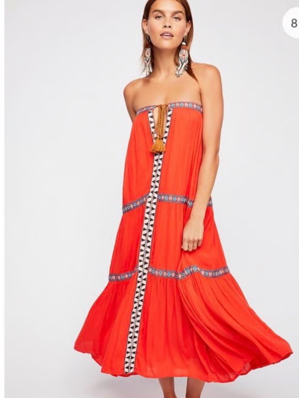 Free People Strapless Orange-Red Embroidered Tassel Midi Dress
